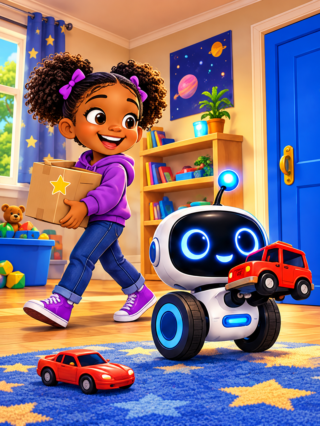 Zip gathers toy cars and trucks near the blue closet while Maya fetches supplies.