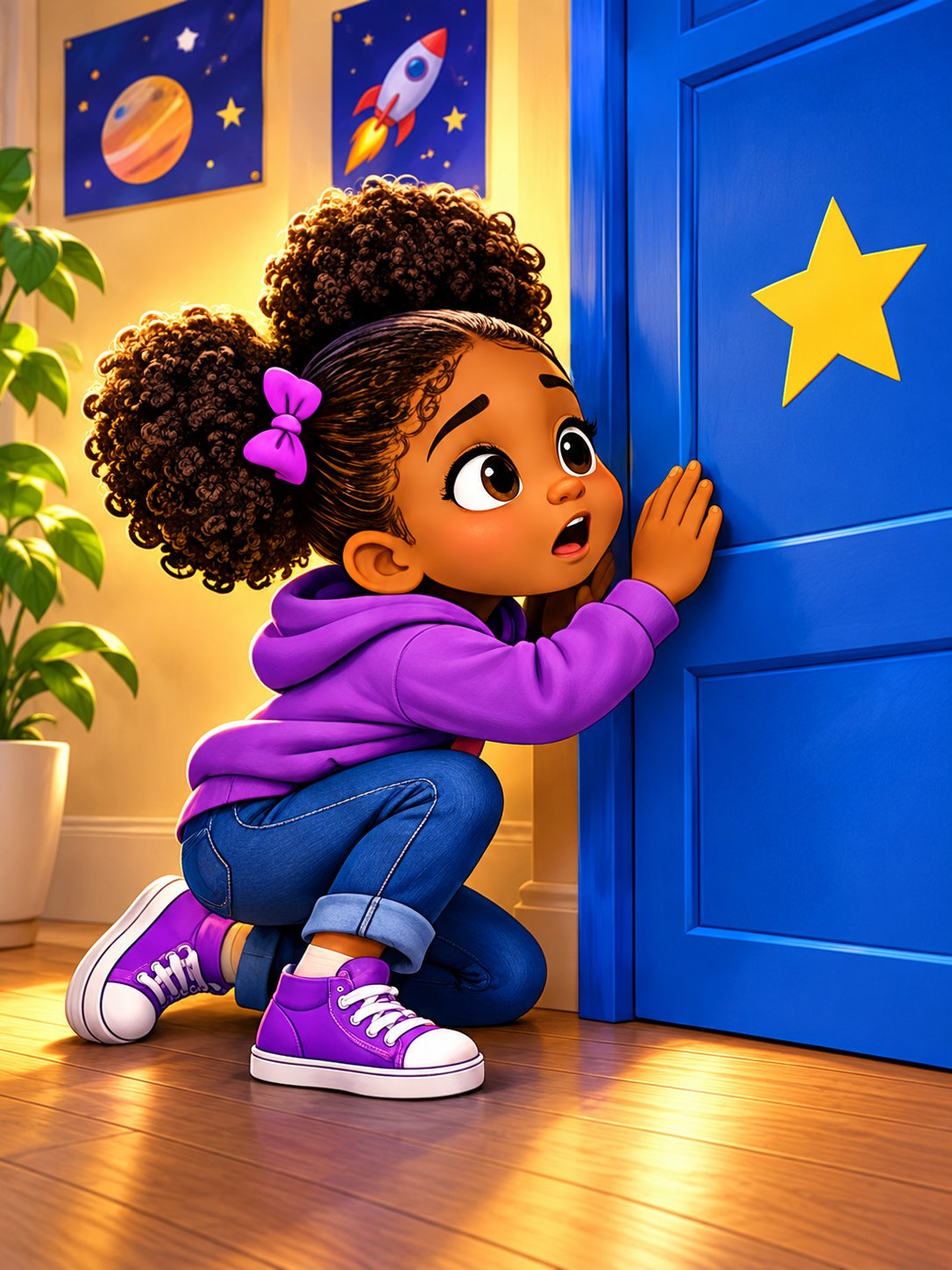Maya follows wheel marks to a blue closet and listens at the door.