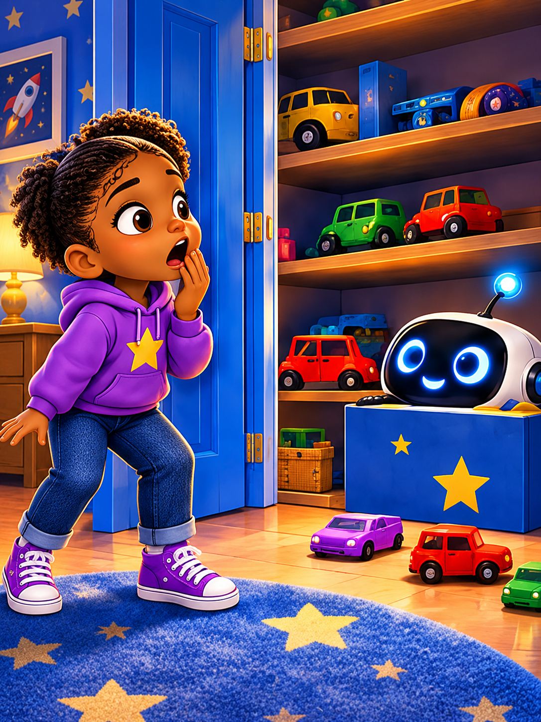Maya discovers toy cars inside the closet and spots Zip peeking out.