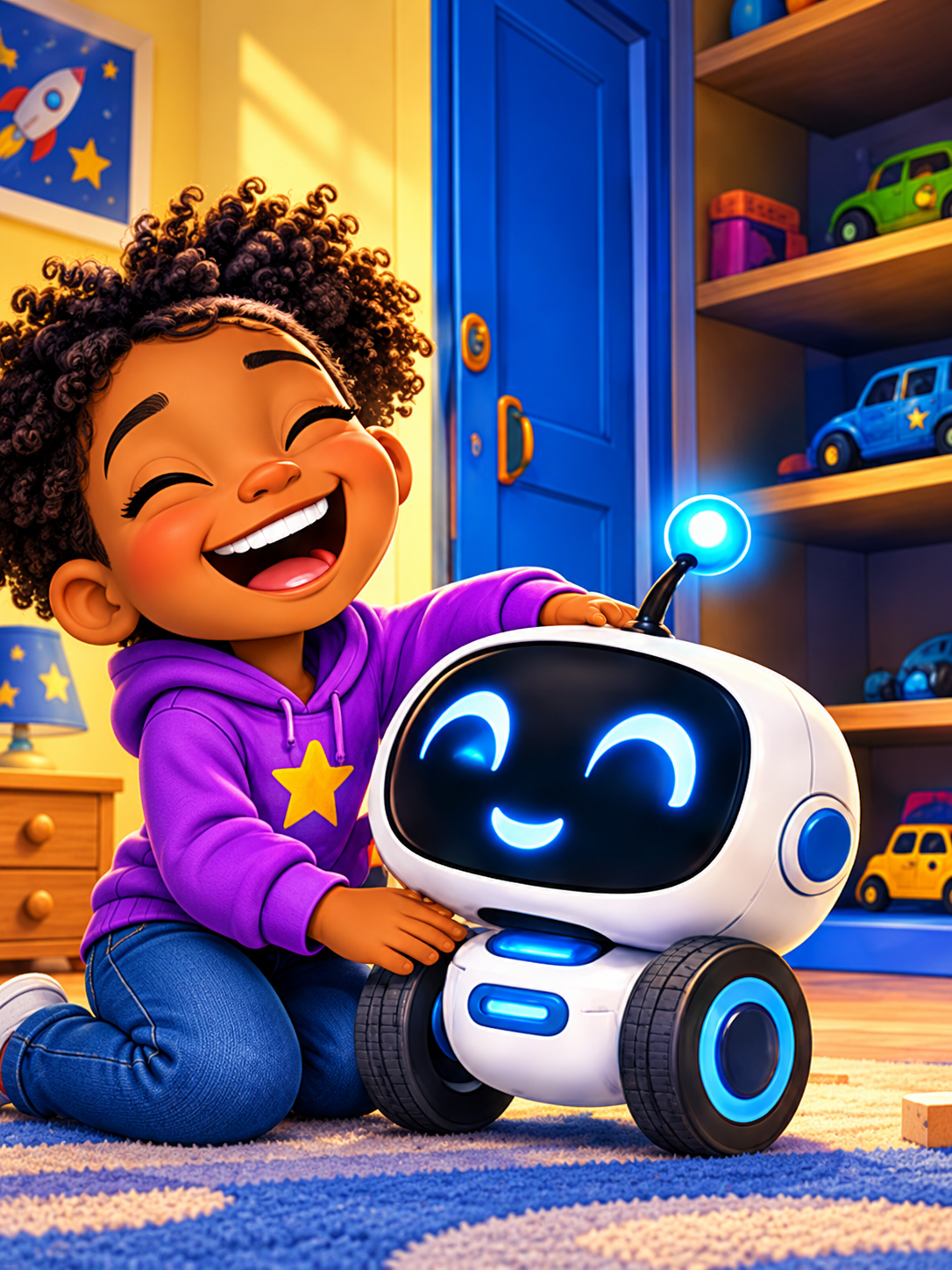 Maya laughs with Zip after learning he put himself away with the wheeled toys.